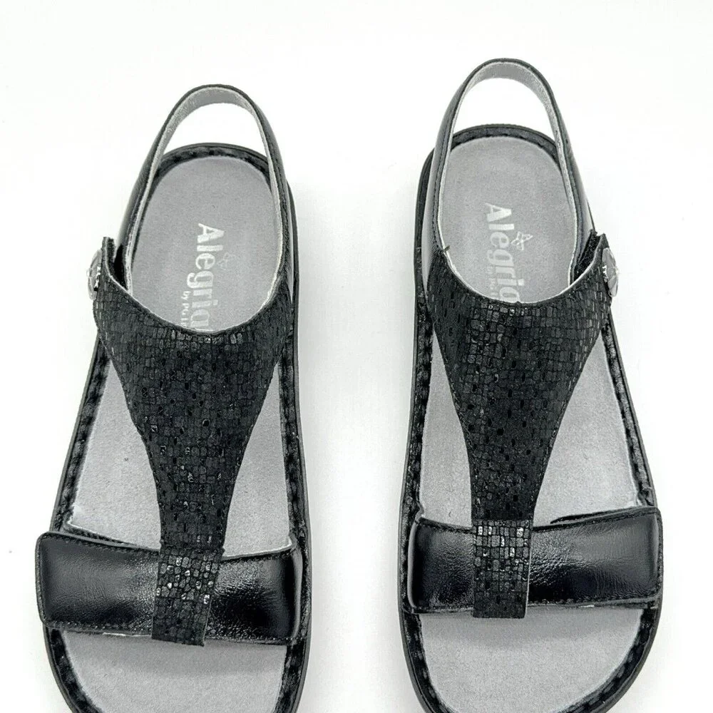 Alegria Sandals Kendra Leather T Strap Wedge Tile Me More Black Rocker US 9 EU39 - Picture 3 of 10